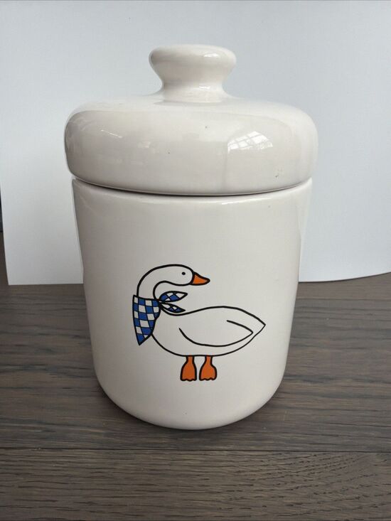 Other - Goose Kitchen Canister Crock Wearing Kerchief Stoneware White Blue